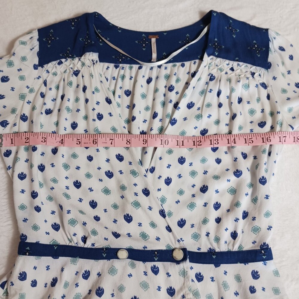 Free People Top, Size S, Wrap Front, Long Sleeve, White/Blue, Smocking, Boho - Picture 11 of 15